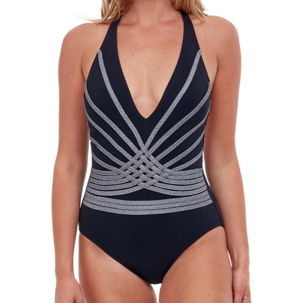 Gottex Classics Divine New one piece black silver embroidered halter